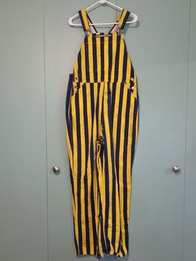 Game Bibs Striped Yellow & Navy Overalls 100% Cotton Size Medium